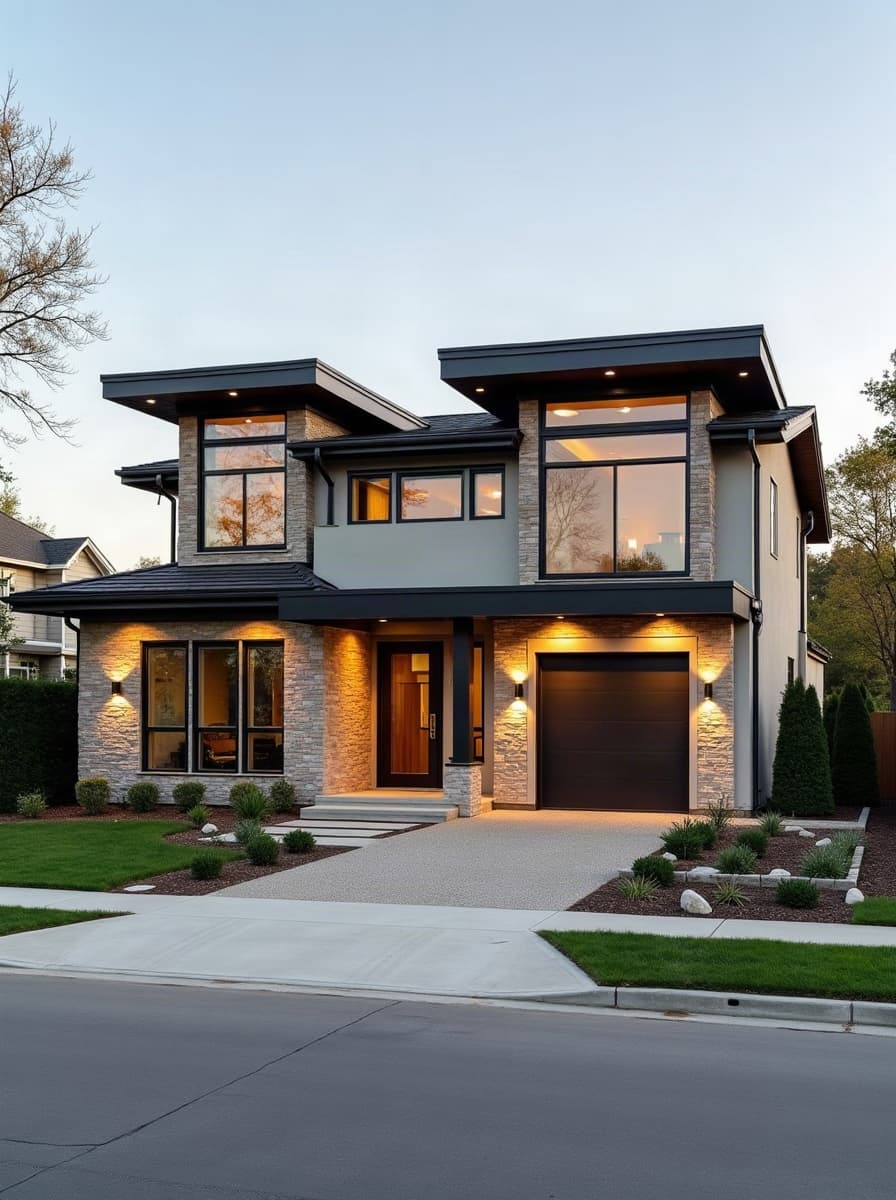A newly built custom modern home exterior under clear Texas sky