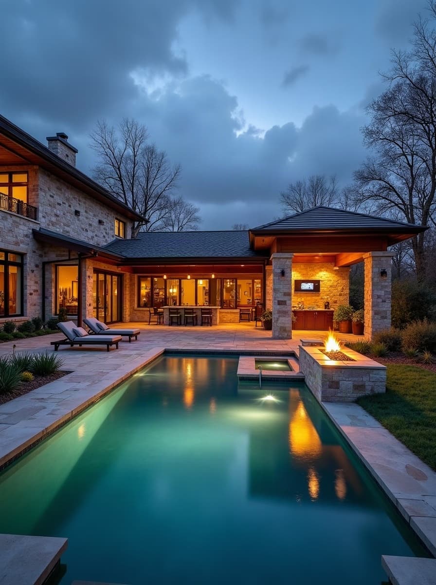 A luxury custom pool and outdoor living space glowing at twilight