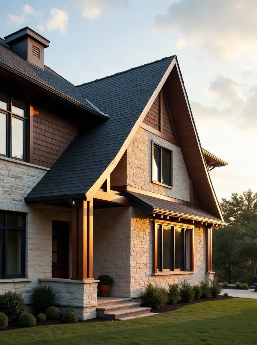 Premium finished standing-seam metal and architectural shingle roofline against sky