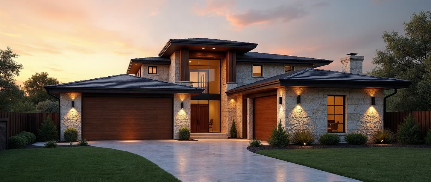 Expansive modern home exterior at golden hour