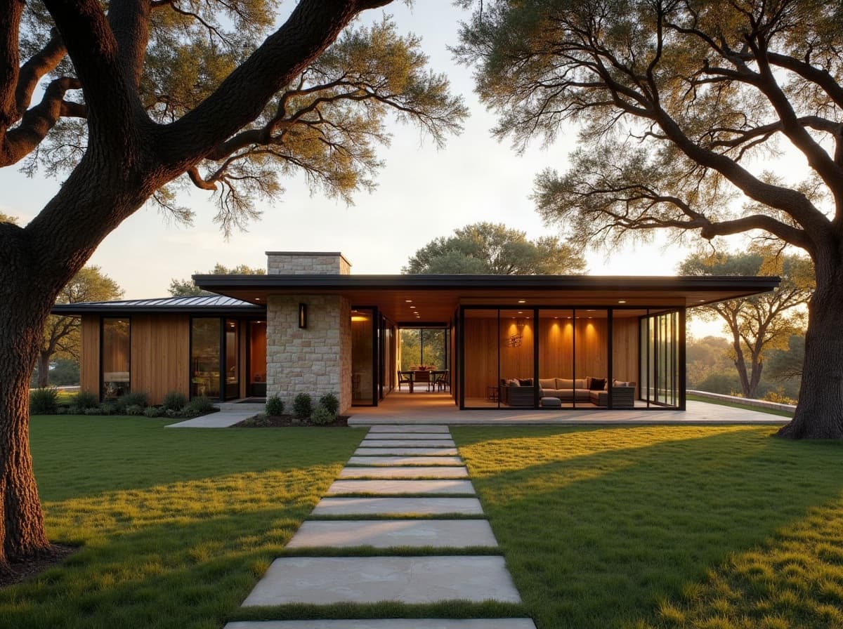 A Texas Hill Country home in limestone and cedar among live oaks